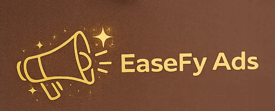 EaseFy Ads logo, featuring a gold megaphone icon and brand text on a brown gradient background for digital advertising