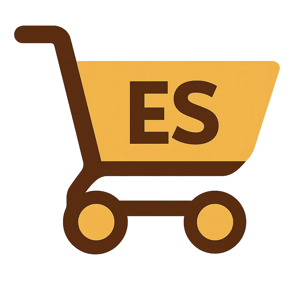 EaseFy Shopping logo with gold shopping cart icon and ES lettering on a brown gradient background for online retail AI.